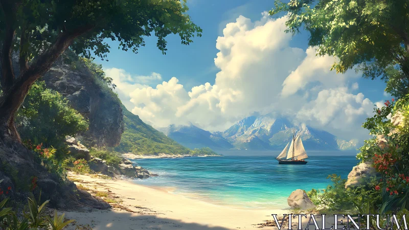 Tropical Beach Cove with Sailboat and Mountain Vista.