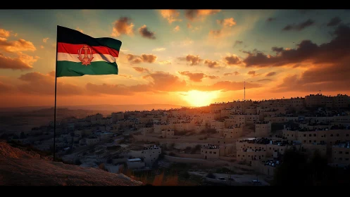 Sunset cityscape with tricolor flag above desert skyline.
