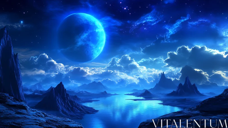 Alien coastline shows luminous blue planet over calm water