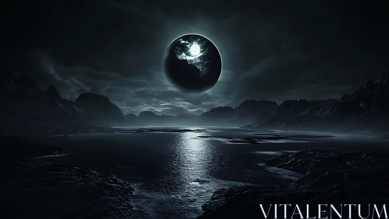 Dark alien seascape under glowing eclipsed moon at night.