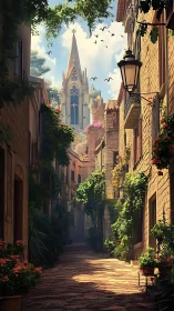Sunlit stone alley leads toward distant gothic church tower