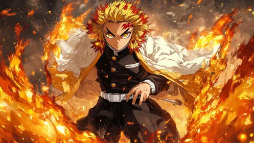 Flame-wreathed swordsman lunging through swirling firestorm.