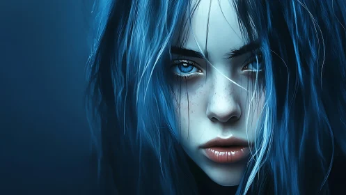 Hyperreal blue haired portrait with intense frontal gaze