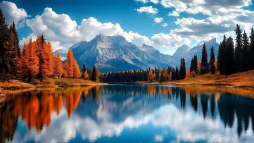 Autumn Evergreens Mirrored on Crystal Alpine Lake Surface.