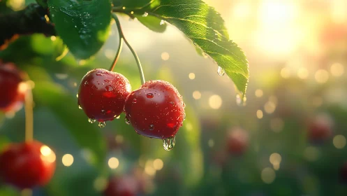 Morning sunlight gently kisses dewy ripe cherries on branch