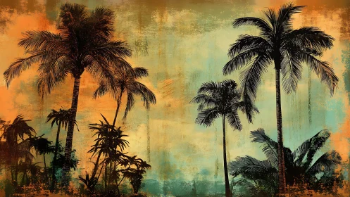 Sunset palms rise against textured tropical gradients.