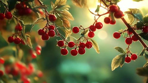 Backlit red berries on leafy branches in shallow depth of field