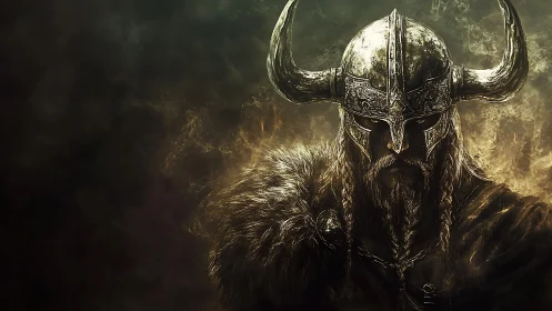 Storm-lit horned warrior stands ready in swirling golden smoke