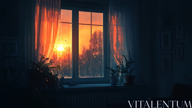 Sunset light through window with plants and sheer curtains.