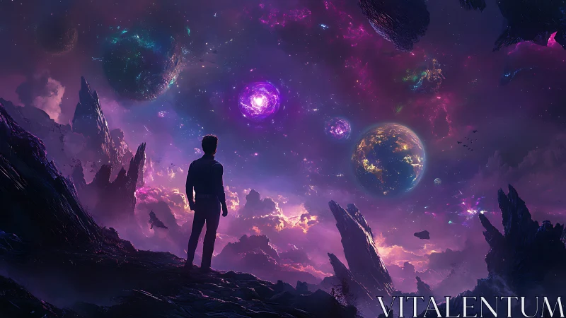 Silhouetted observer surveying multi-planet cosmic nebular field.