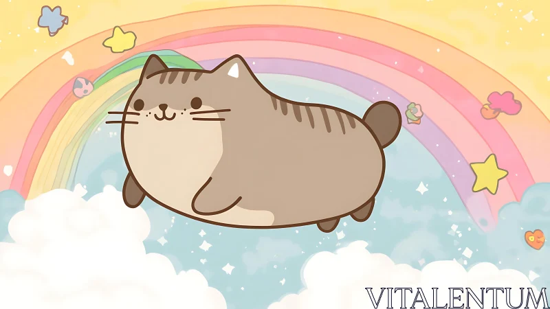 Chubby Brown Cat Floating Through Rainbow Cloud Sky.