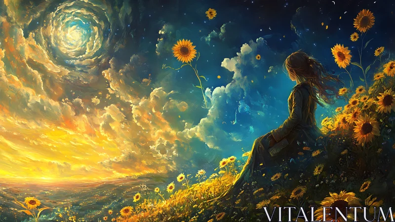 Luminous vortex sky over contemplative figure in sunflower field.