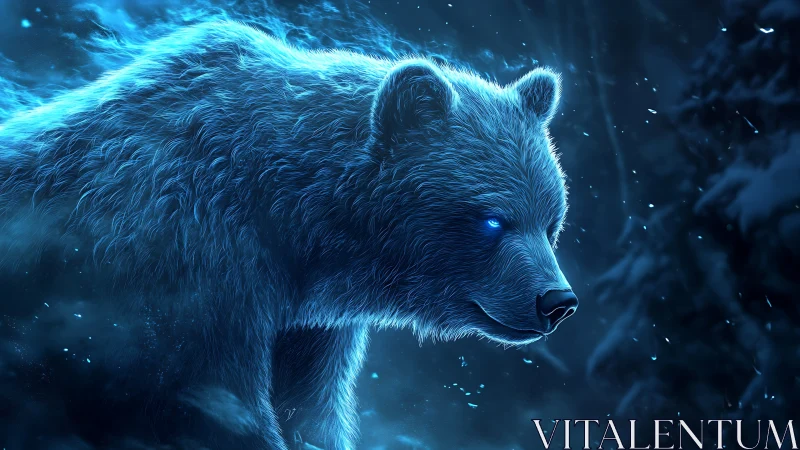 Luminous blue bear advances through nocturnal spectral snowfall