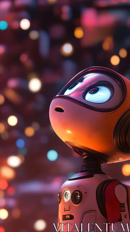 Small bipedal robot model stands against defocused lights