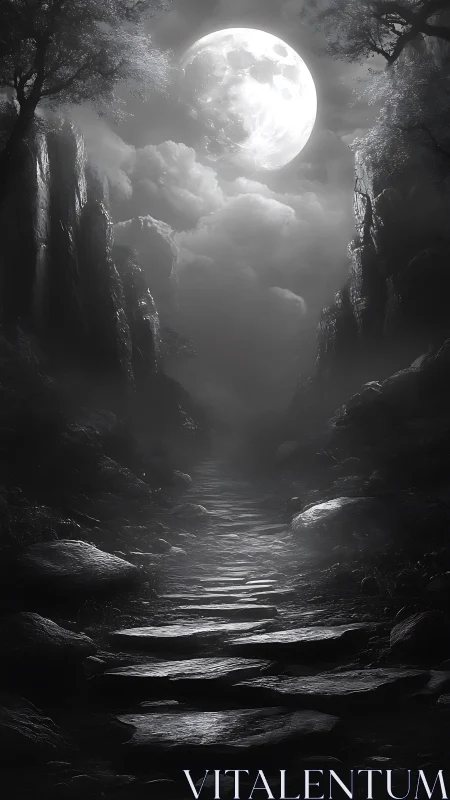 Moonlit stone path through misty forest ravine at night.