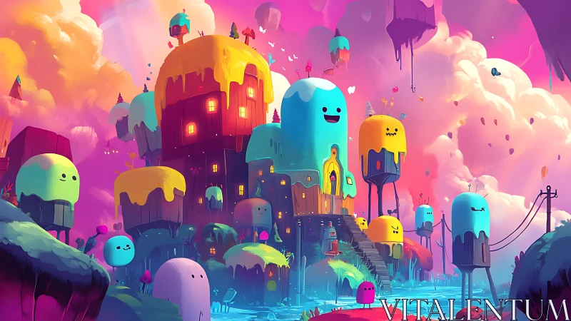 Candy cloud village of smiling gumdrop towers at dusk.