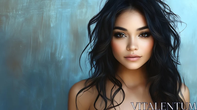 Soft gaze beneath windswept midnight waves of hair.