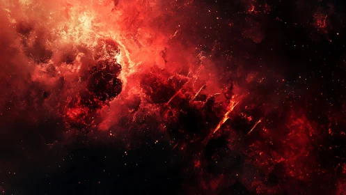 Stellar nebula erupts in vivid red cosmic turbulence.