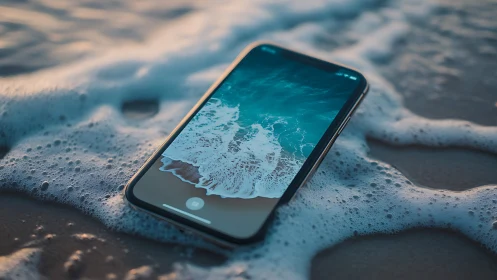 Smartphone lying in shallow sea foam on wet sandy beach.