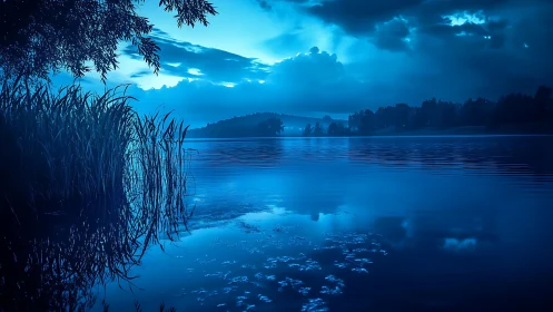 Moonlit blue lake lies in tranquil silence beneath clouds