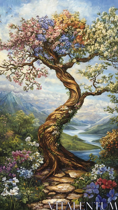 Whimsical four-season tree welcoming wanderers home.