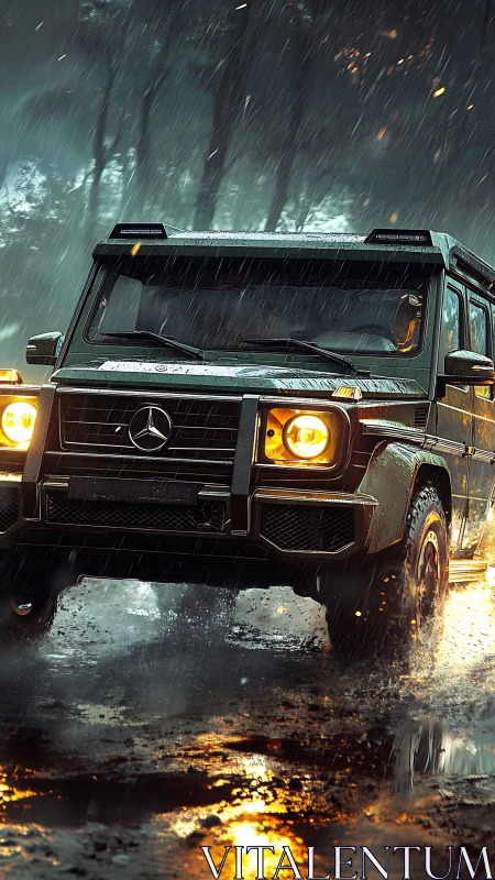 Off-road Mercedes SUV in cinematic rain-soaked forest storm.