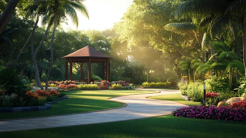 Sunlit garden pavilion with curving path and flowers.