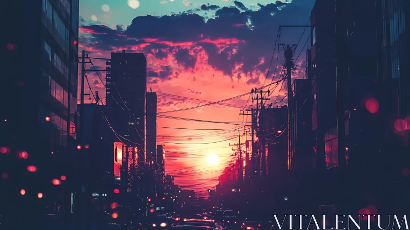 Cyberpunk sunset corridor with silhouetted powerline gridscape.