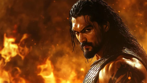 Smoldering warrior stands strong against a roaring firestorm