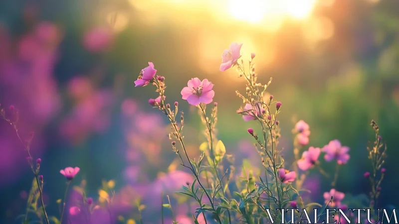 Pink flowering plants at daylight with backlit golden hour conditions.