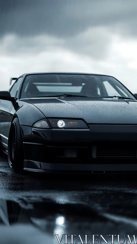 Low-slung black sports coupe rendered in cinematic rain lighting