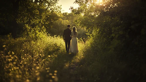 Couple Walking Through Golden Forest Path at Sunset.