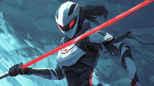 Fierce cybernetic warrior holds a glowing red energy blade ready