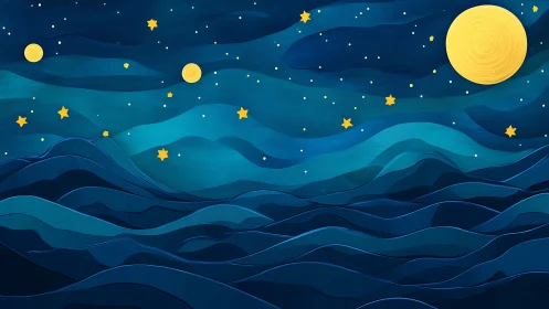 Dreamy moonlit waves under a star-sprinkled night sky.