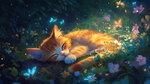 Sleeping Orange Cat in Luminous Garden with Bioluminescent Butterflies and Flowering Flora