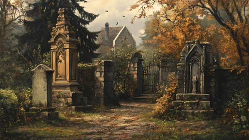 Autumn graveyard gate whispering toward a lonely manor.