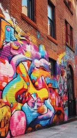 Explosive urban graffiti transforms a brick alley wall completely.