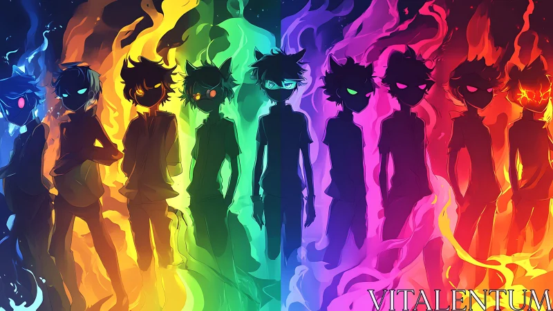 Elemental silhouettes stand within a blazing chromatic blaze.