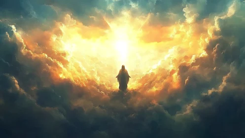 Radiant celestial figure emerges from blazing golden clouds