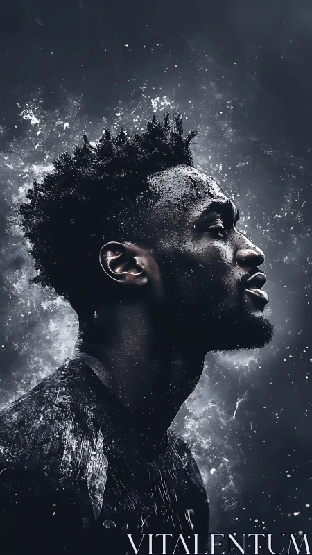 Profile portrait of a wet male subject with particle effects