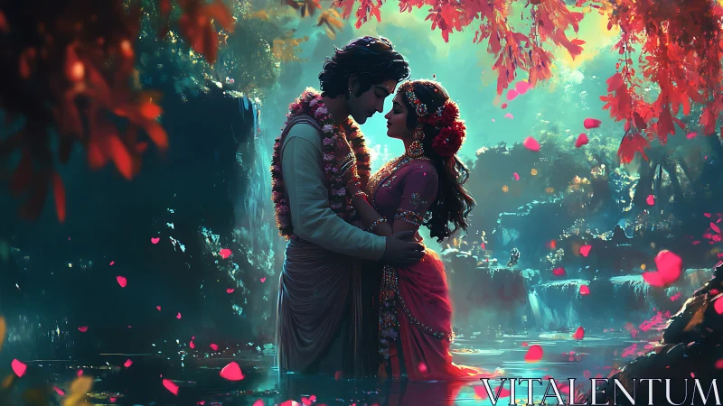 Ethereal Romance. Couple Embraces Beneath Glowing Canopy of Flowers.