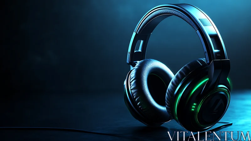 Over ear gaming headphones with green LED lighting on desk.