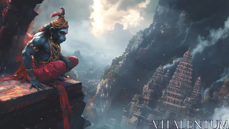 Mythic simian deity surveys tiered temple city amid storm clouds