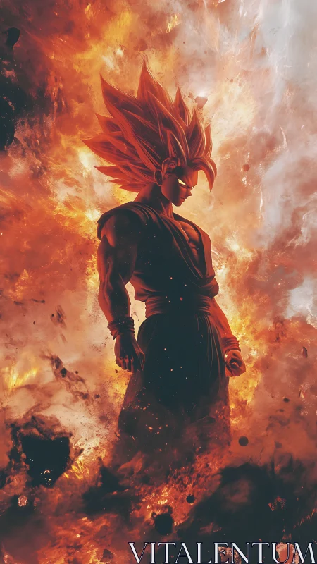 Volcanic energy warrior in incandescent combustion field.