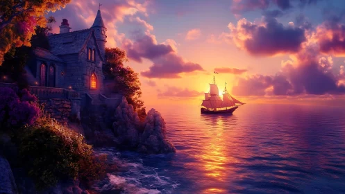 Castle on rocky coastline with sailing vessel at sunset