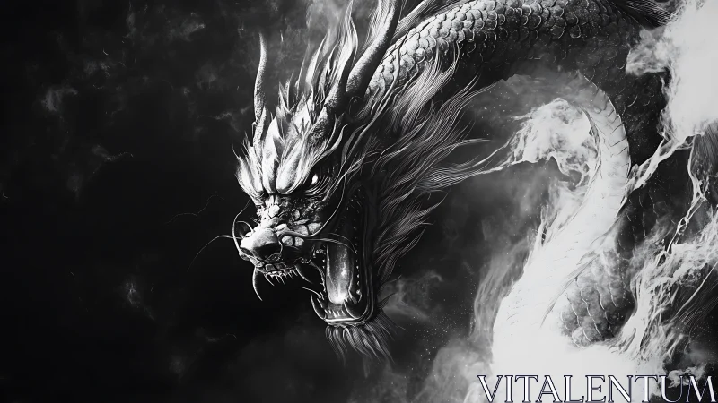 Monochrome serpentine dragon rendered in high-contrast vapor flux.