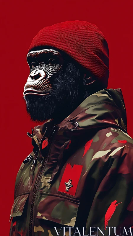 Streetwise gorilla sentinel in crimson beanie and camo shell.
