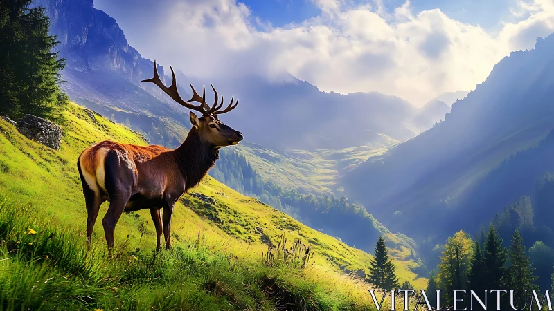 Majestic stag surveys mist filled alpine valley at sunrise
