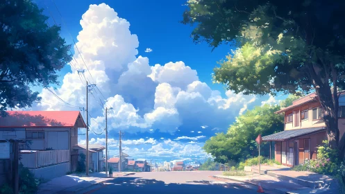 Sunlit coastal street under towering summer clouds