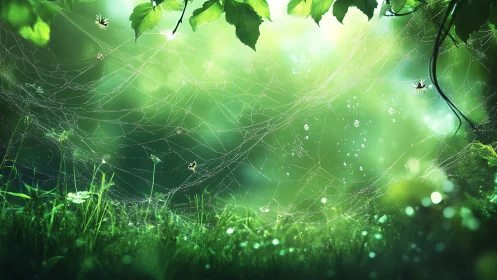 Dewy spider webs in lush green forest, dreamy natural scene.